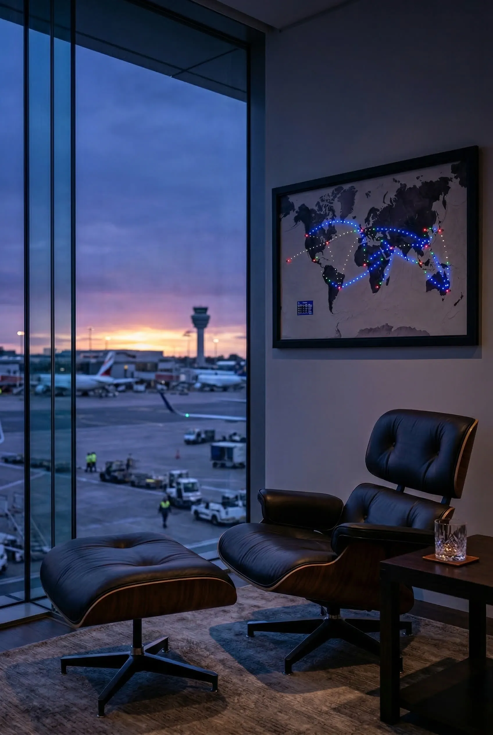 Jetmapper in an exclusive airport lounge at dusk with planes on the tarmac