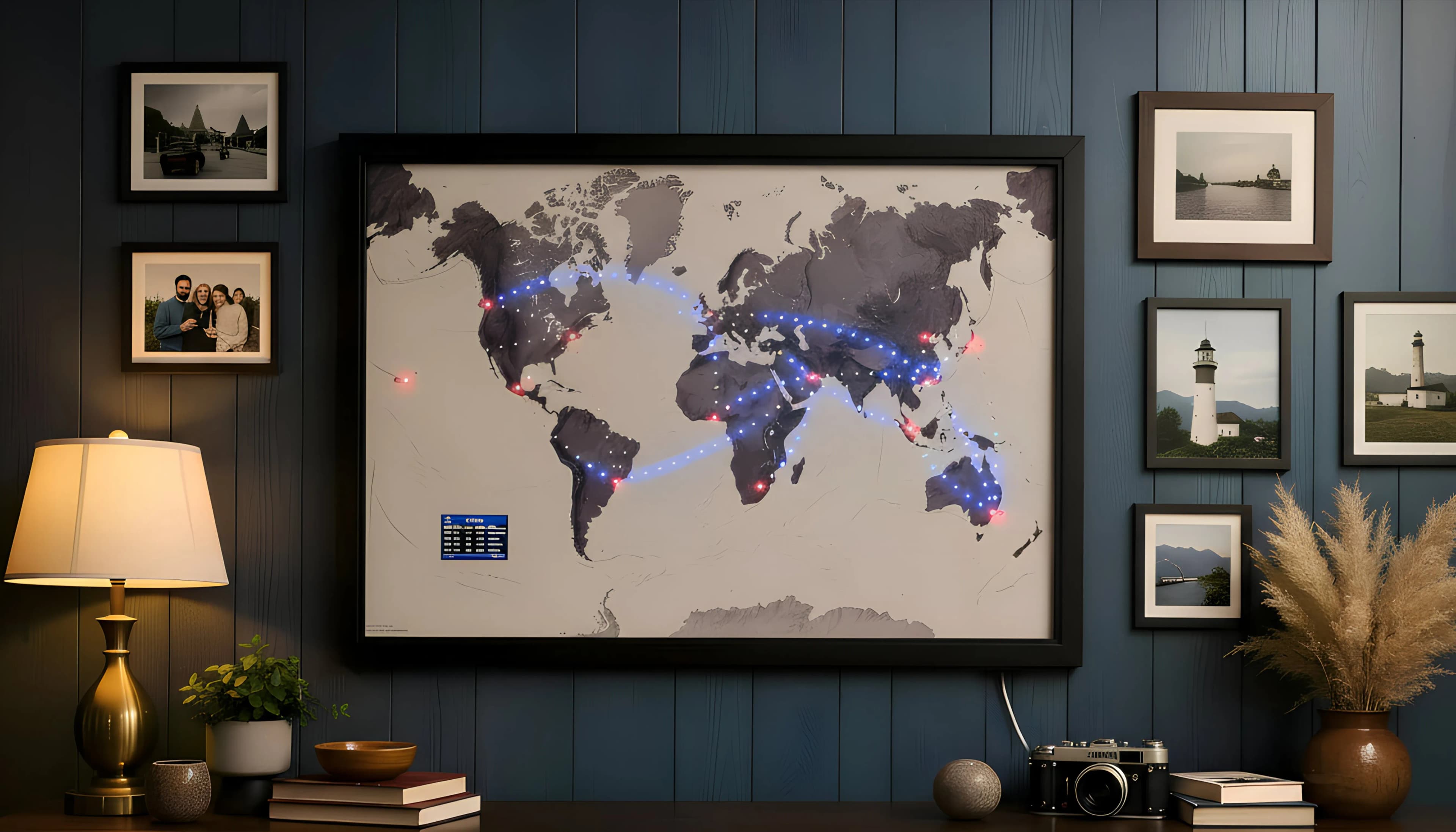 Jetmapper on a dark navy wall with warm lighting and cosy decor