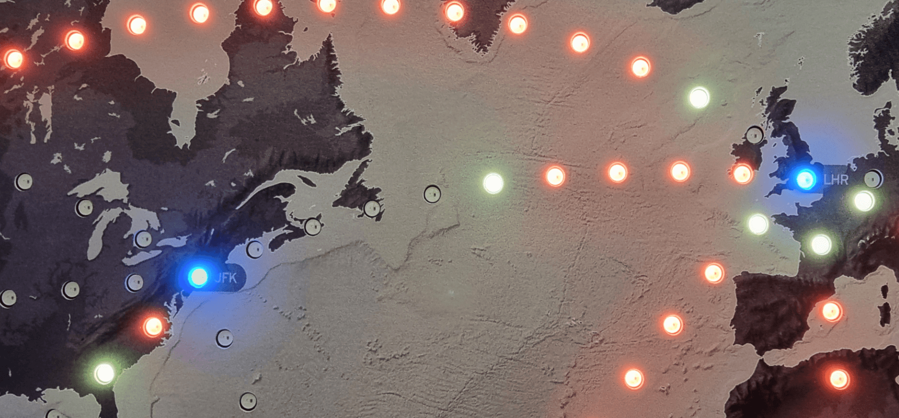Journey mode showing binary on/off LED status based on time until destination, displaying the flight path as a progress bar